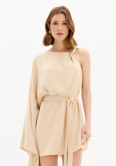 Vestido Curto Manga Ampla Única Com Faixa