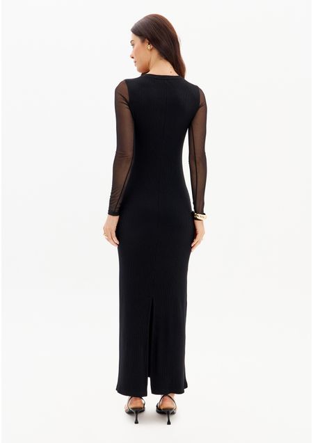 Vestido Super Midi Canelado Manga Longa Tule