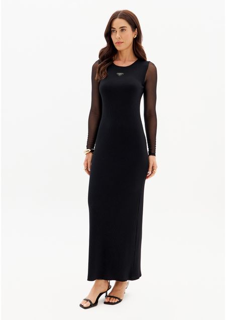 Vestido Super Midi Canelado Manga Longa Tule