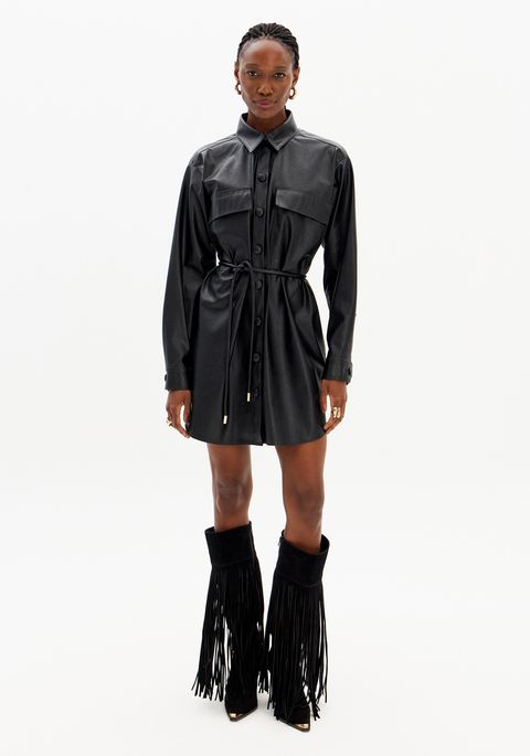 Vestido Chemise Manga Longa Pu Com Cinto