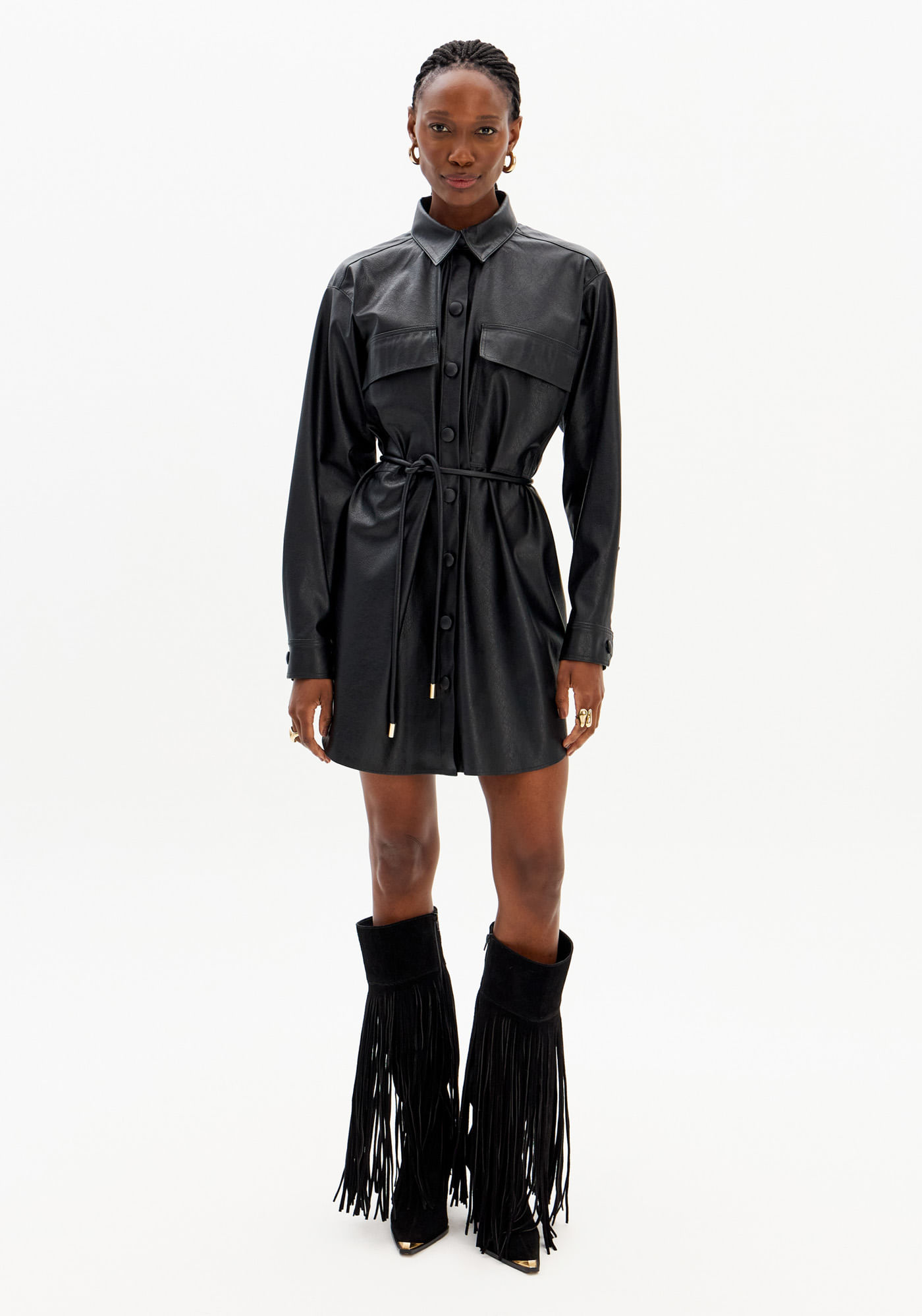 Vestido Chemise Manga Longa Pu Com Cinto