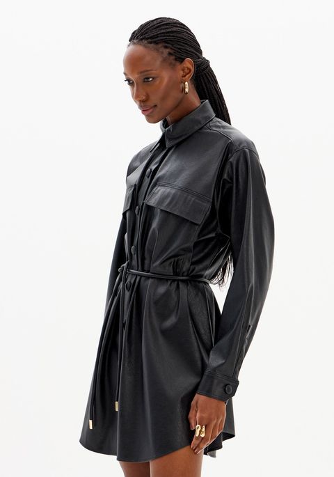 Vestido Chemise Manga Longa Pu Com Cinto