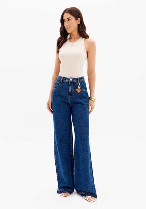 Calça Jeans Com Cintura Super Alta Wide Leg