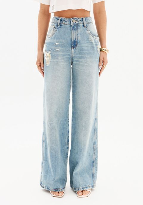 Calça Jeans Wide Leg Com Cintura Super Alta