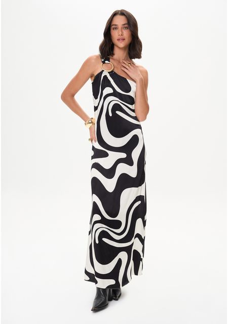Vestido Longo Ombro Único Estampado Com Argola