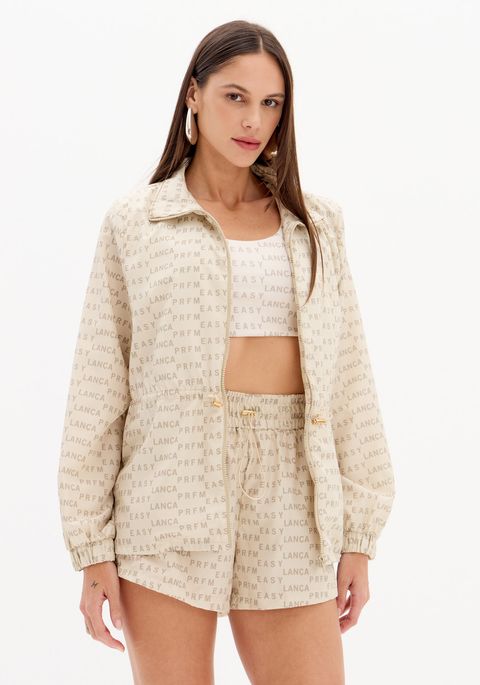 Parka Estampada Com Gola Alta E Zíper