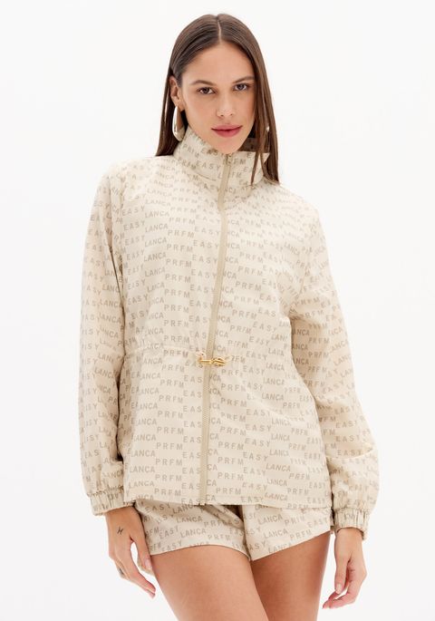 Parka Estampada Com Gola Alta E Zíper