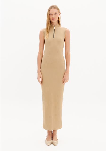 Vestido Super Midi Canelado Com Gola E Zíper