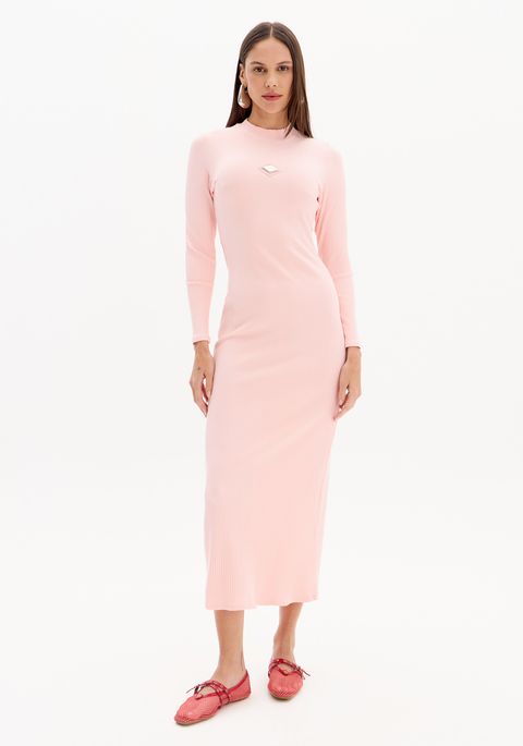 Vestido Super Midi Manga Longa Canelado