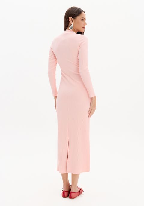 Vestido Super Midi Manga Longa Canelado