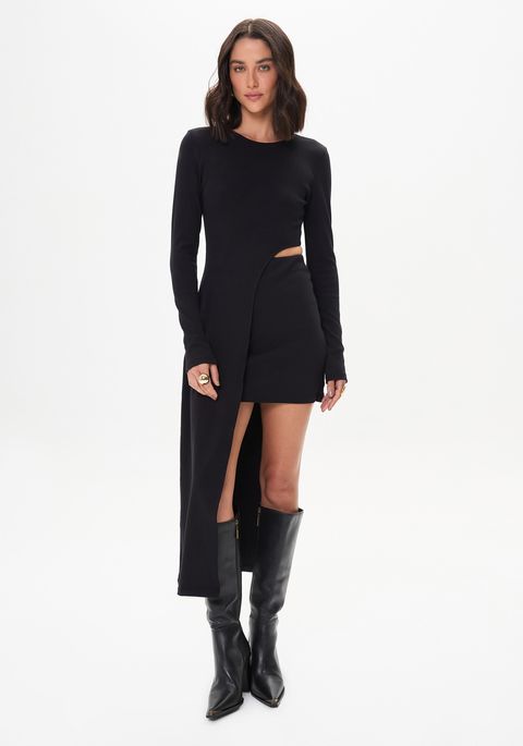 Vestido Assimétrico Curto De Mangas Longas