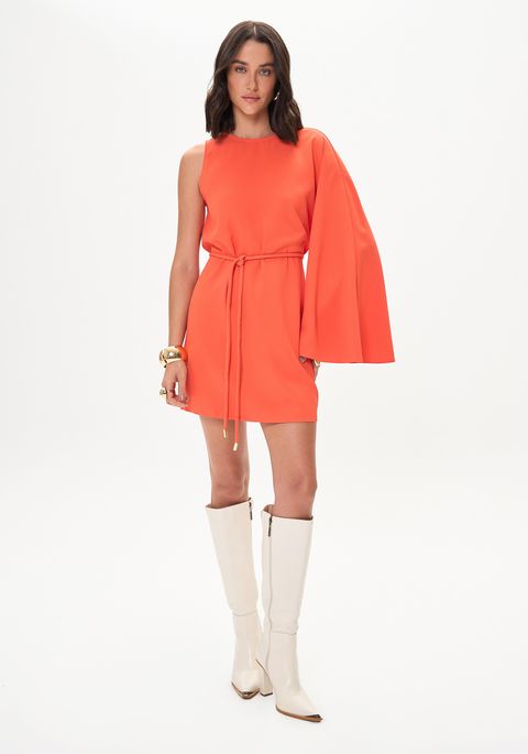 Vestido Curto Manga Morcego Com Cinto