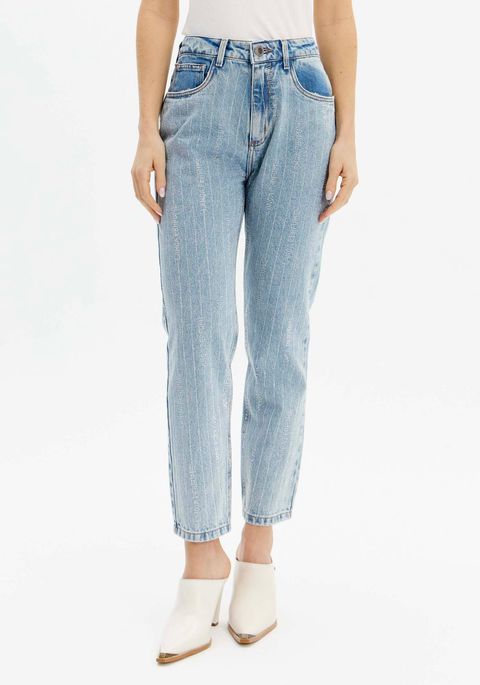 Calça Jeans Mom Cintura Alta Com Brilhos