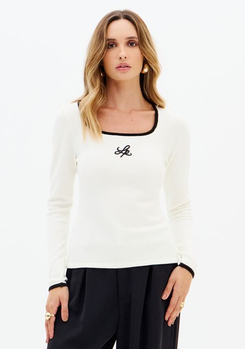 Blusa Tricot Manga Longa Com Bordado