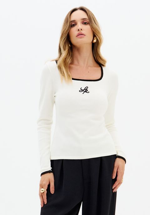 Blusa Tricot Manga Longa Com Bordado