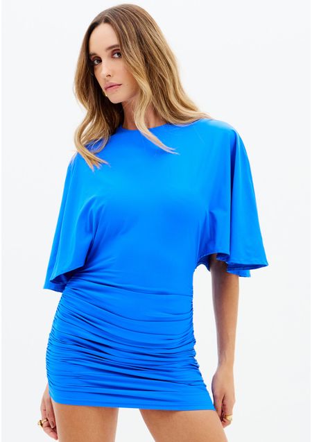 Vestido Curto Drapeado Manga Ampla