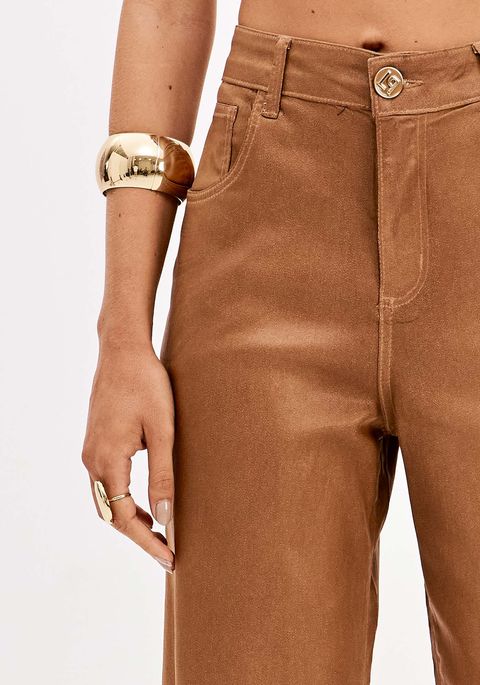 Calça Sarja Wide Leg Cintura Alta Resinada