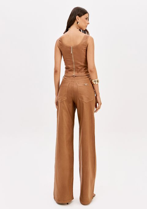 Calça Sarja Wide Leg Cintura Alta Resinada