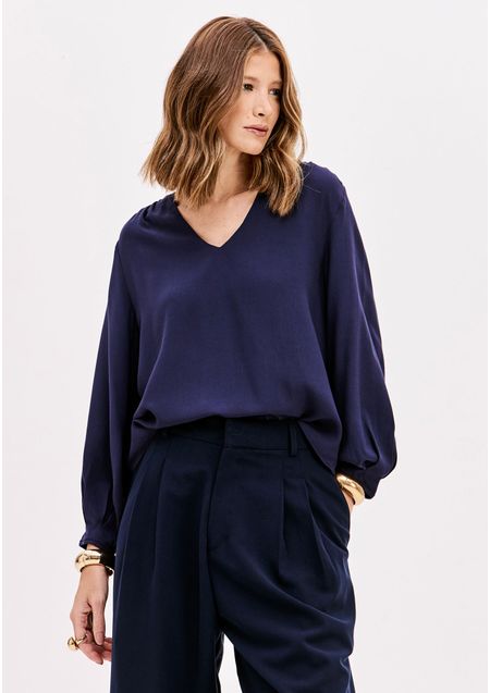 Blusa Decote V Mangas Médias Com Pregas
