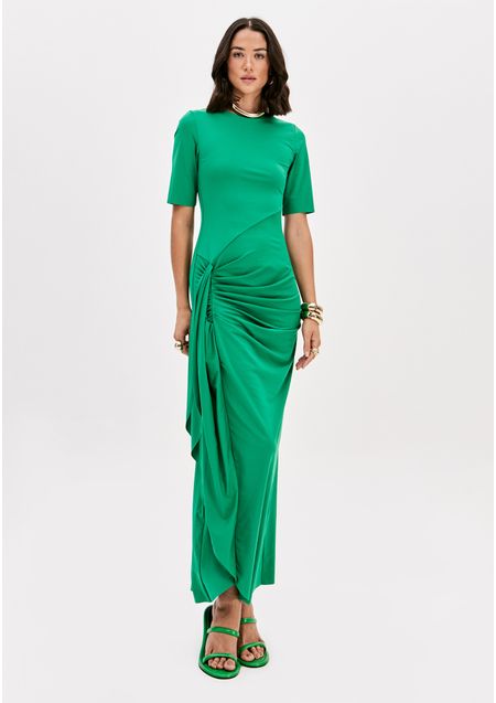 Vestido Super Midi Mangas Curtas Com Franzidos