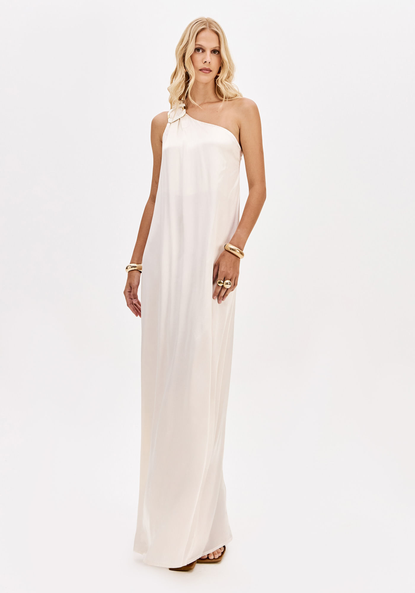 Vestido Longo Acetinado Ombro Único Com Aviamento