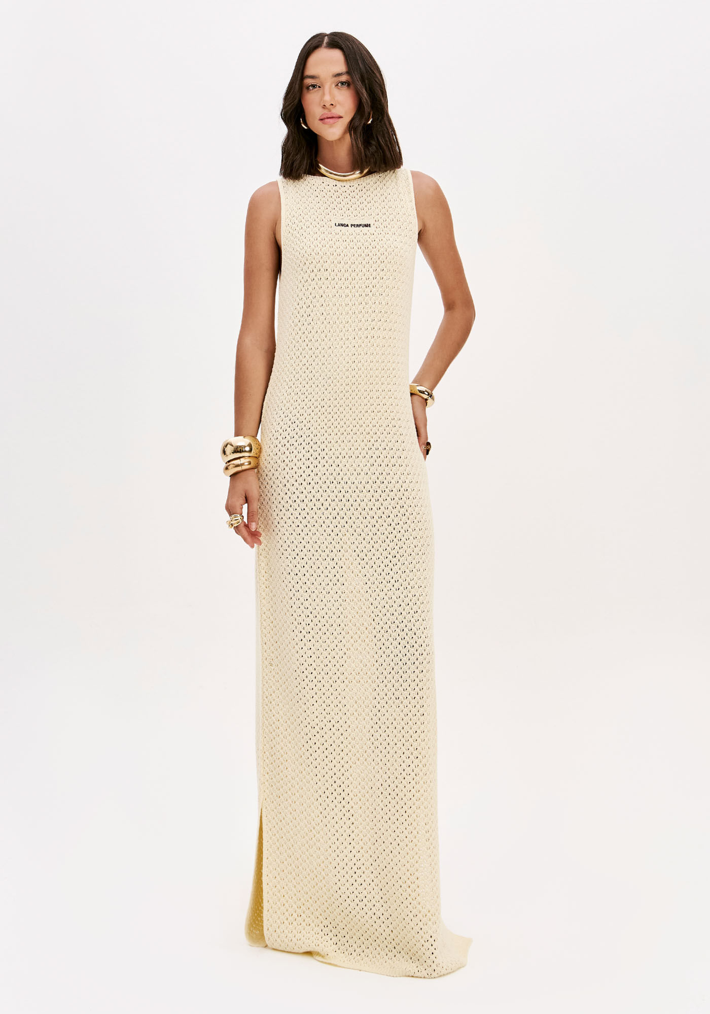 Vestido Super Midi De Tricô Com Bordado