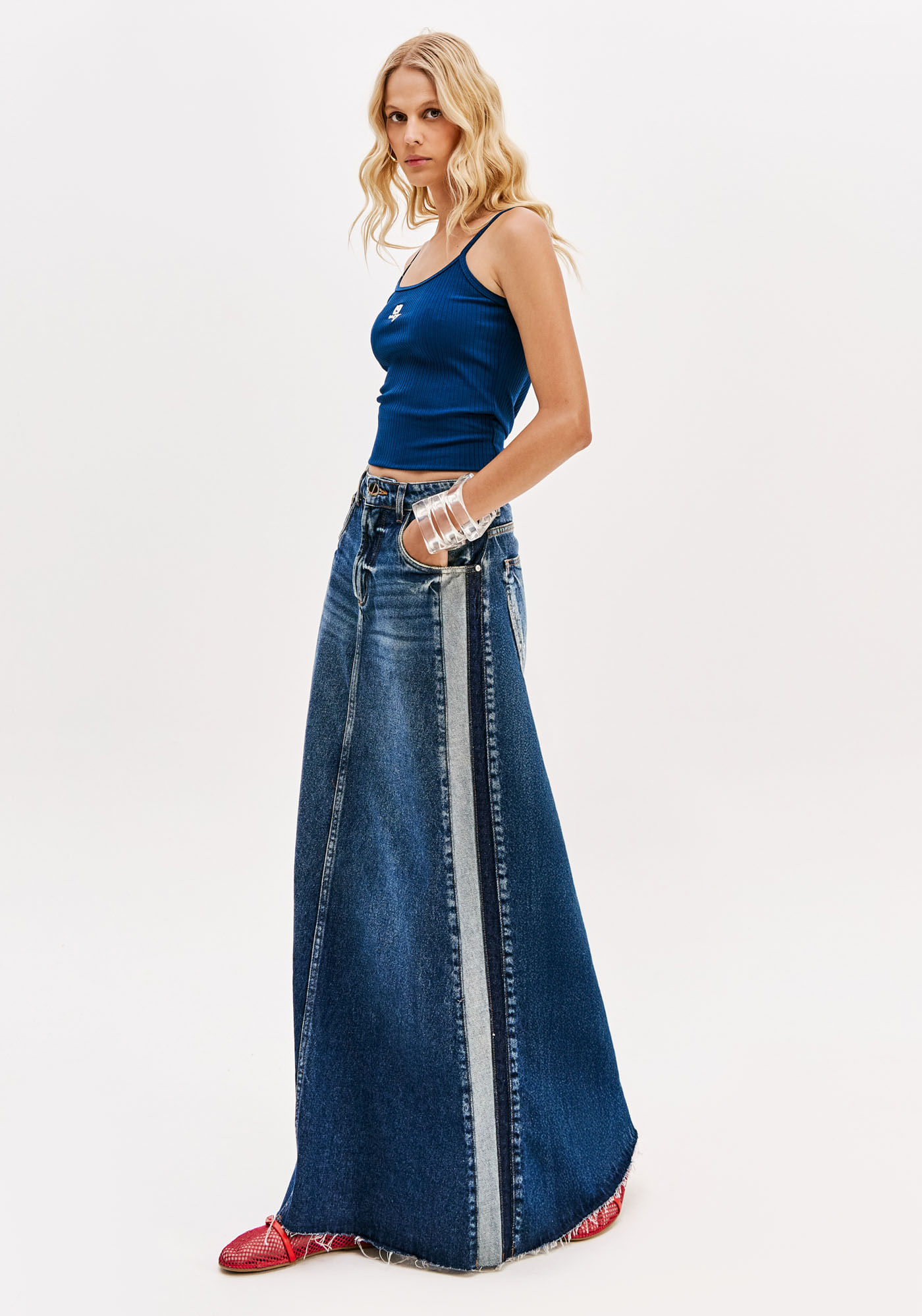 Saia Jeans Longa Cintura Super Alta