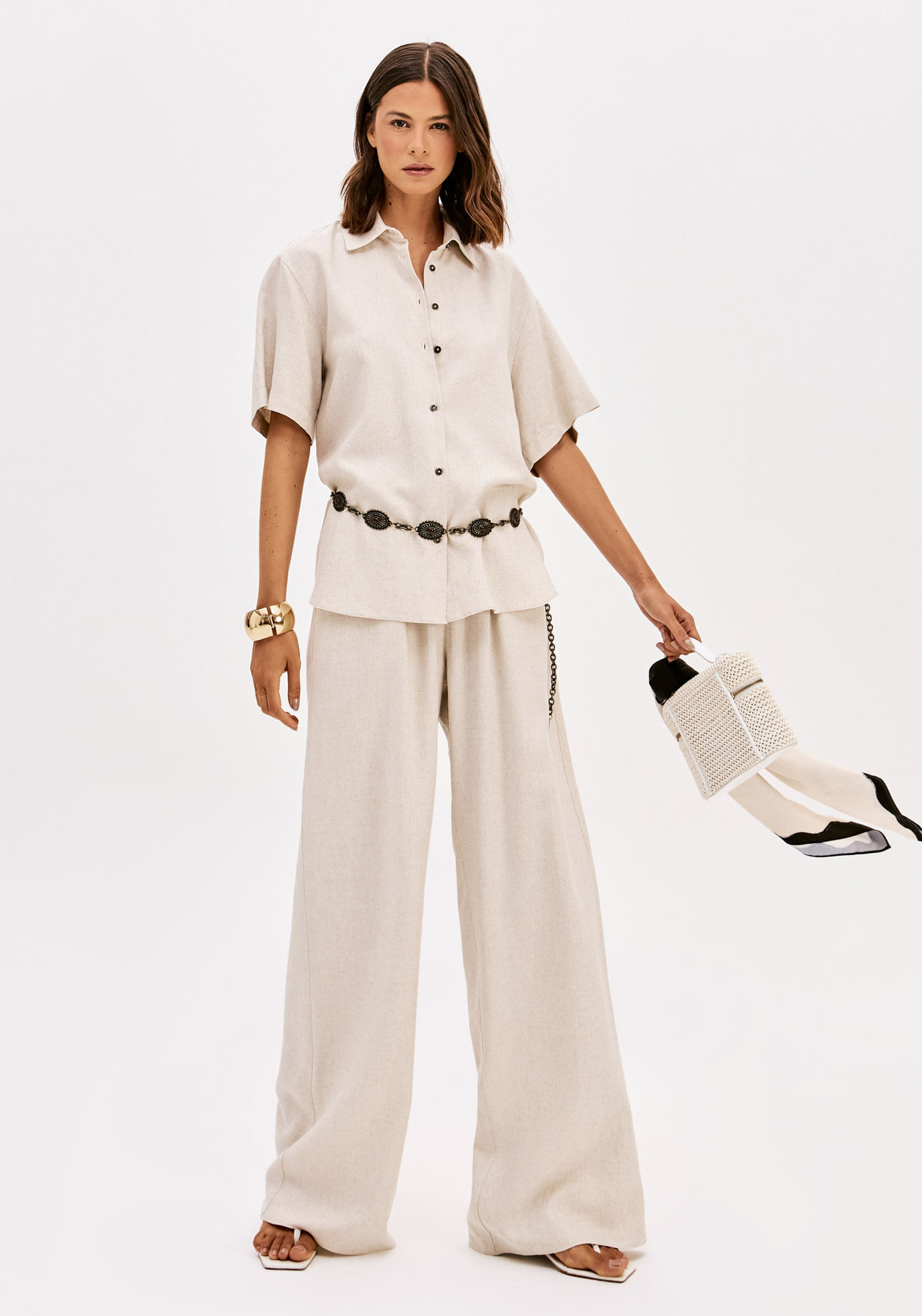 Calça Wide Leg Cintura Alta Com Linho