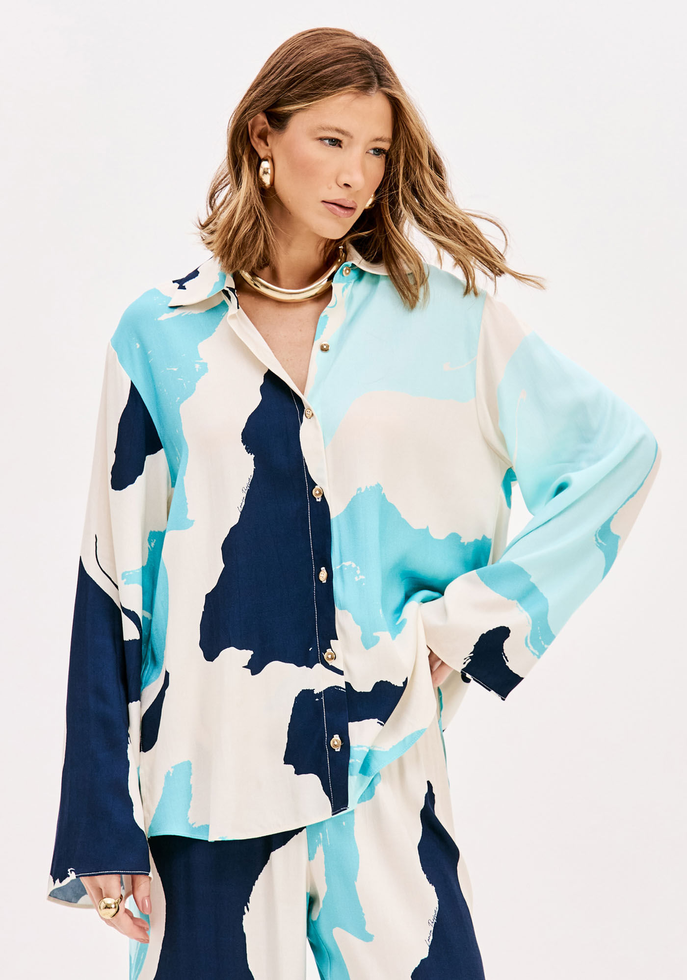 Camisa Alongada Estampada Manga Longa