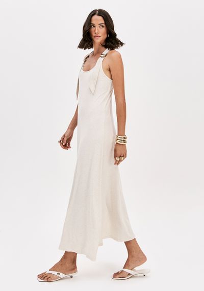 Vestido Canelado Super Midi Com Linho