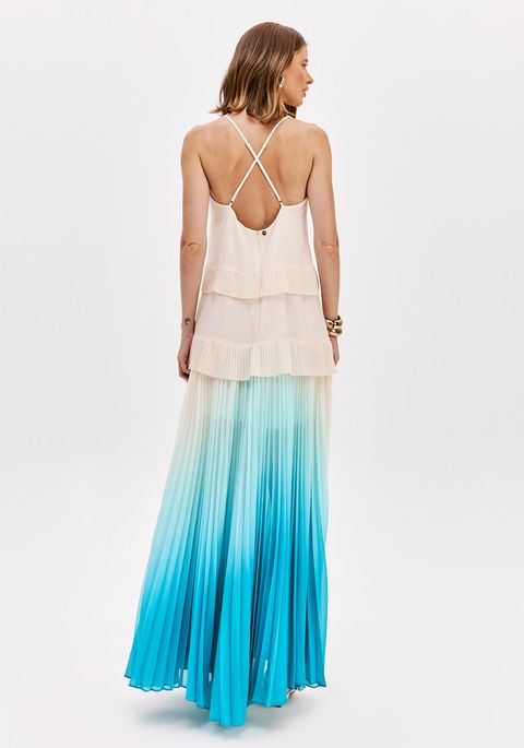 Vestido Longo Plissado Com Babados