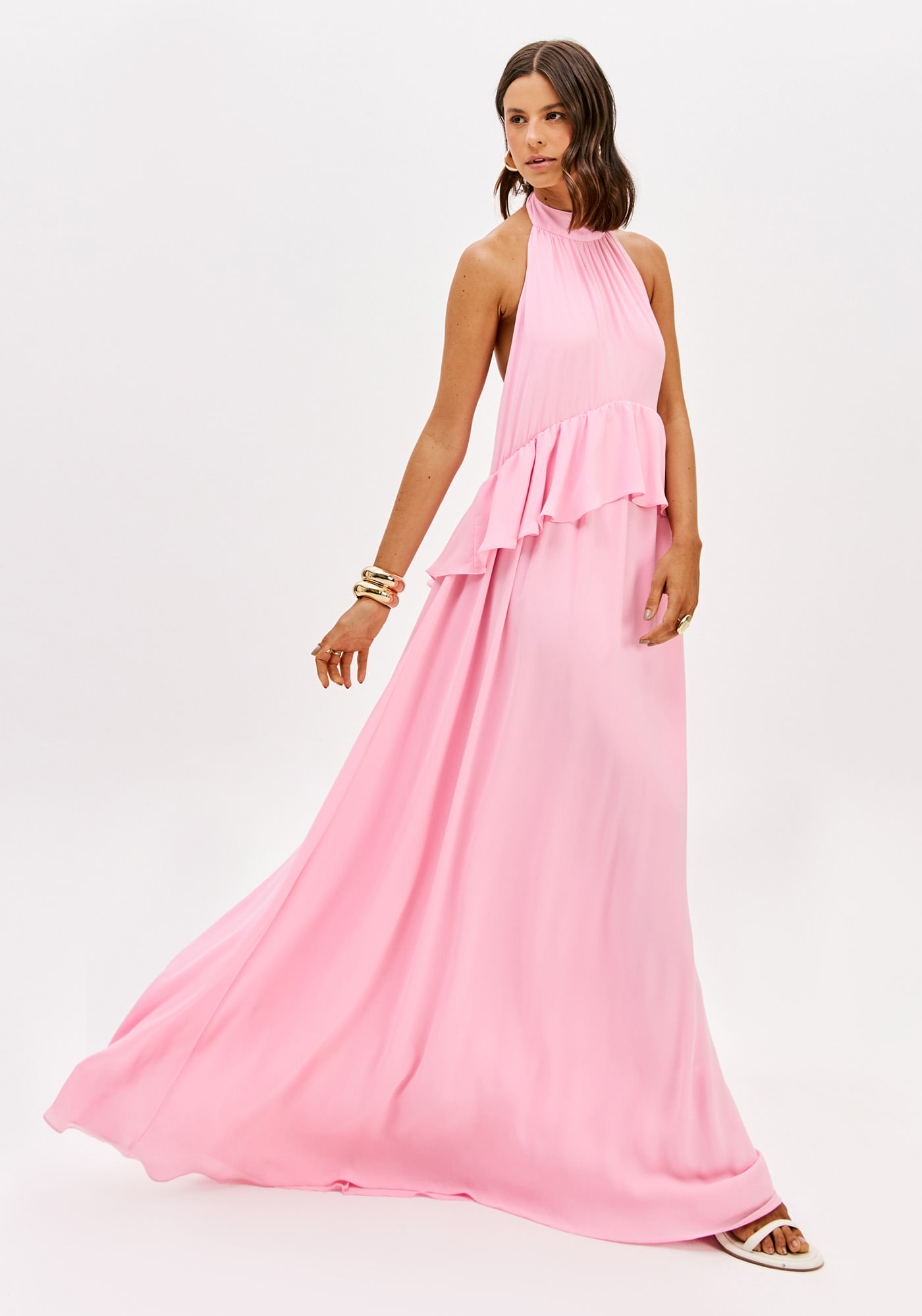 Vestido Longo Frente Única Com Babado