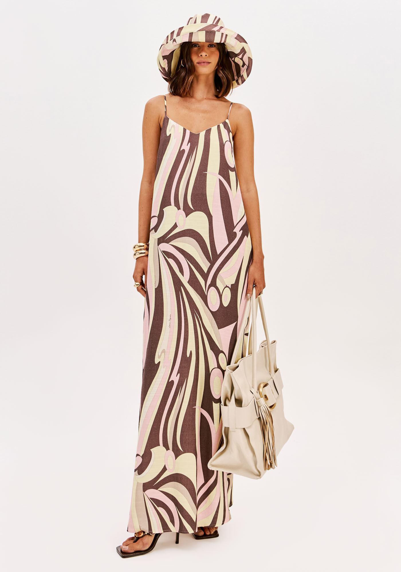 Vestido Super Midi Estampado De Alças