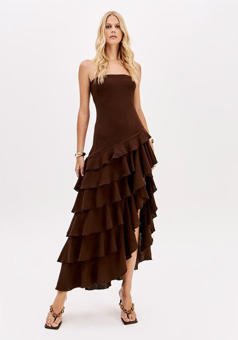 Vestido Super Midi Sem Alças Com Babados