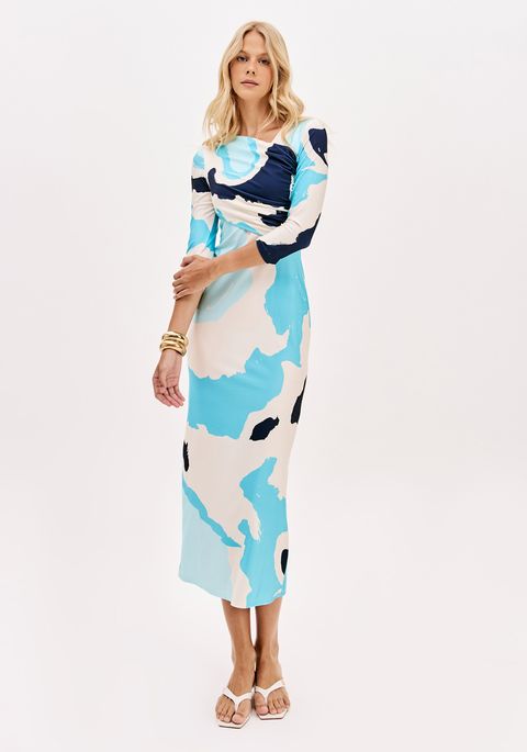 Vestido Super Midi Estampado Mangas Médias