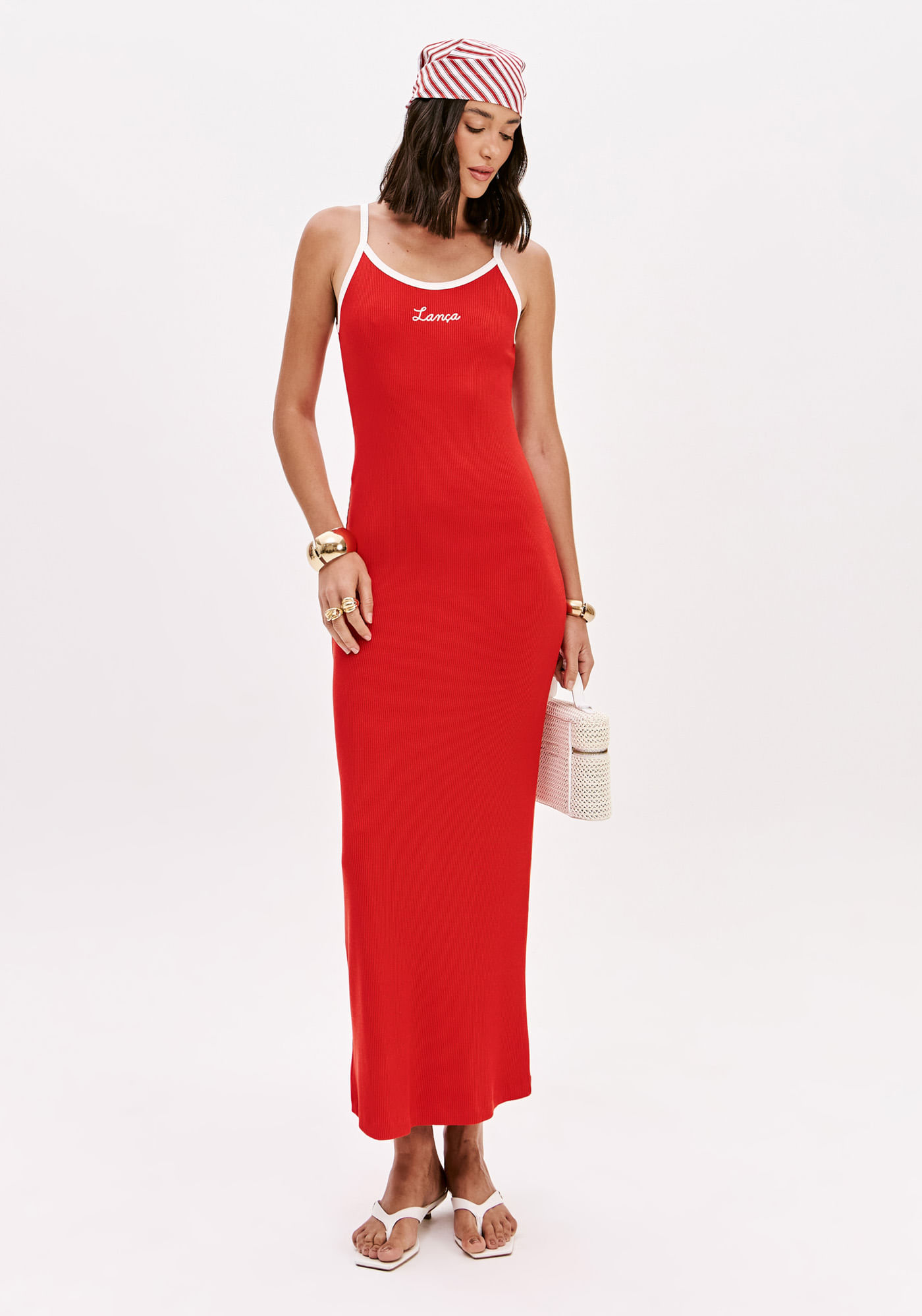 Vestido Canelado Super Midi Com Bordado