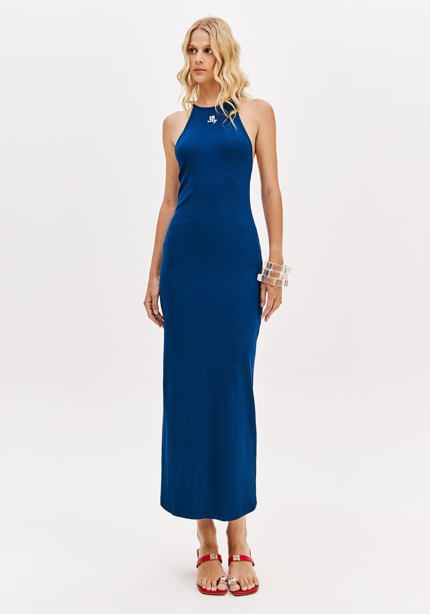 Vestido Super Midi Sem Mangas Com Fenda