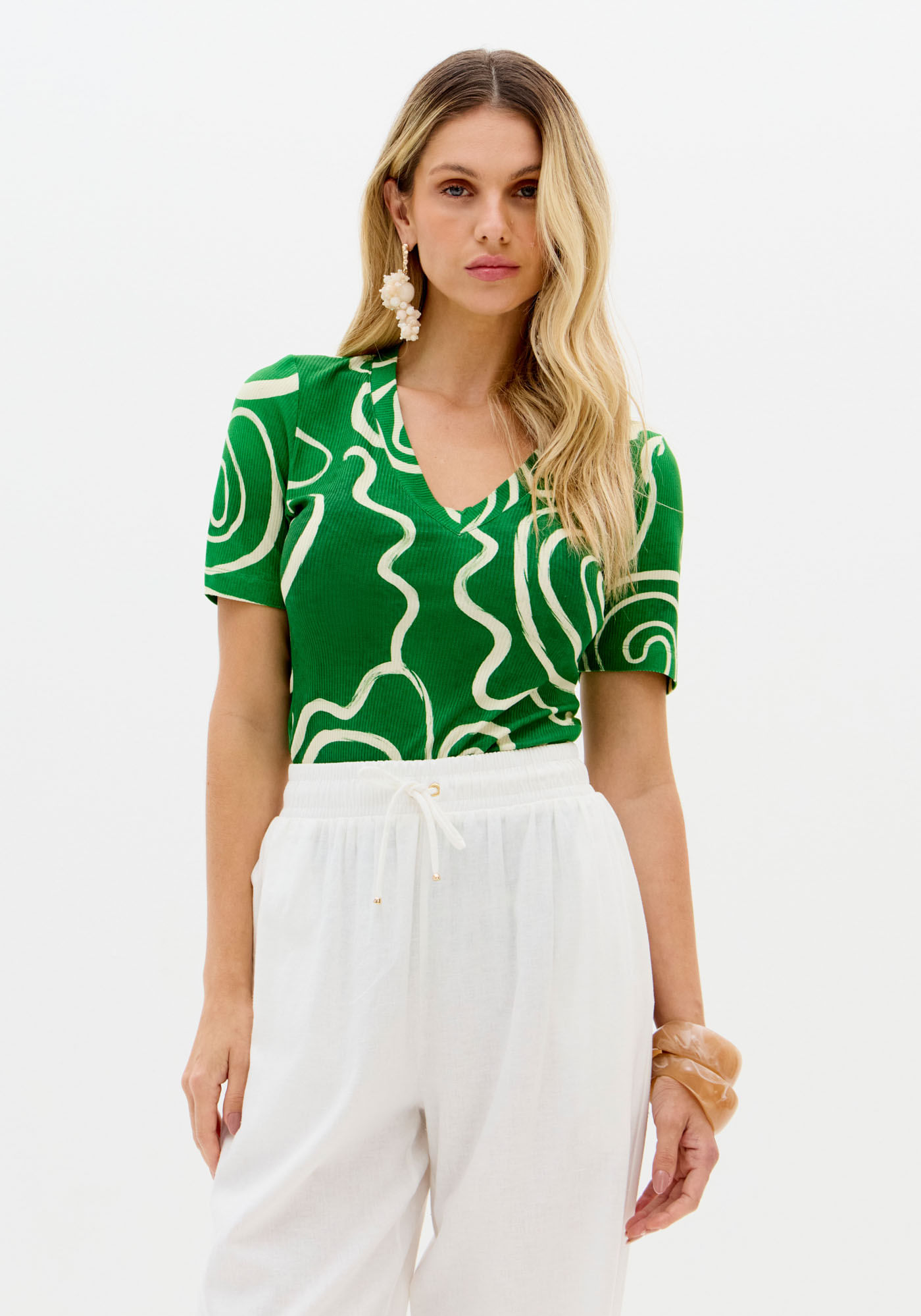 Blusa Canelada Estampada Manga Curta