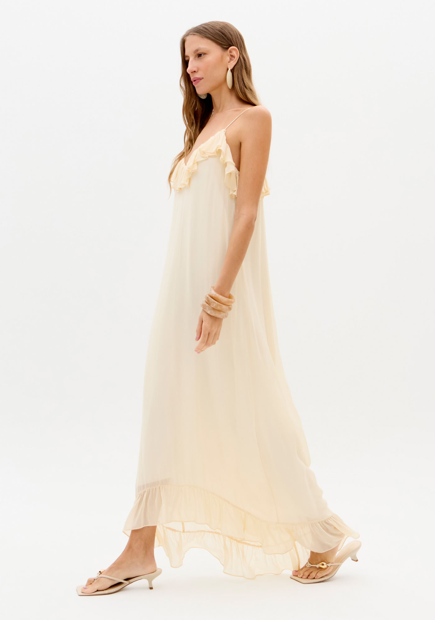 Vestido Super Midi De Alças Com Babados