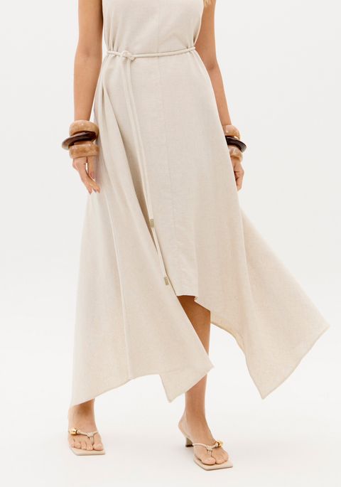 Vestido Super Midi Assimétrico Com Linho