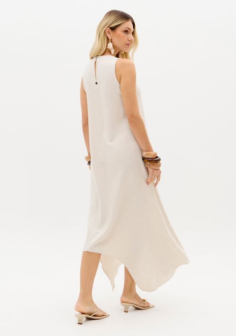 Vestido Super Midi Assimétrico Com Linho