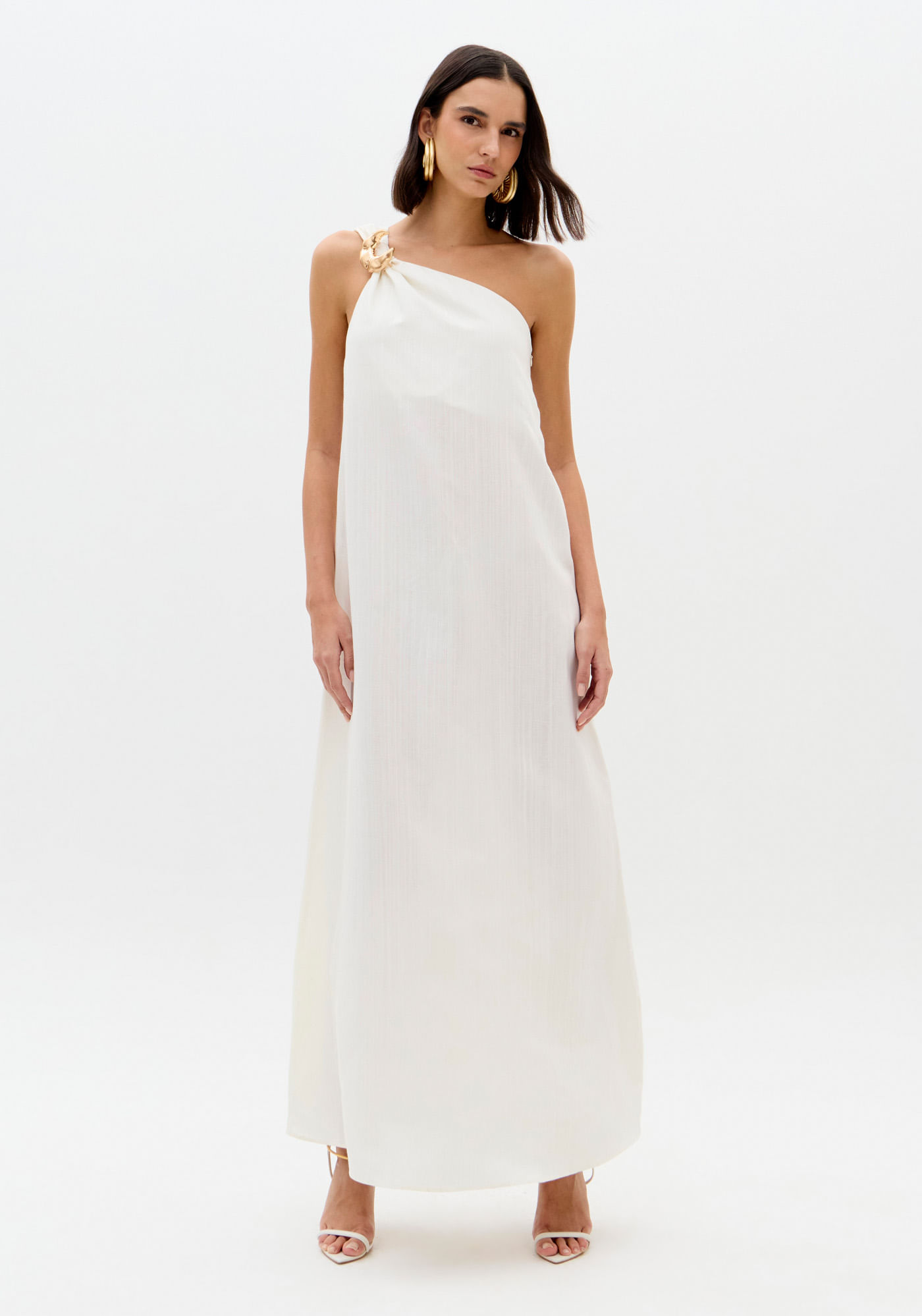 Vestido Super Midi Ombro Único Com Linho