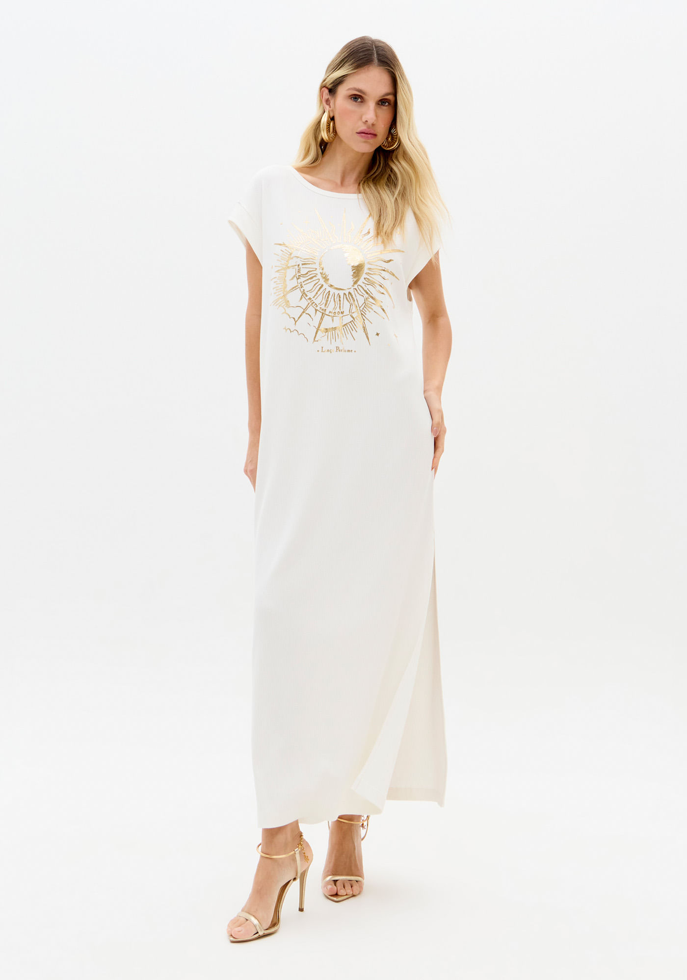 Vestido Canelado Super Midi Com Estampa