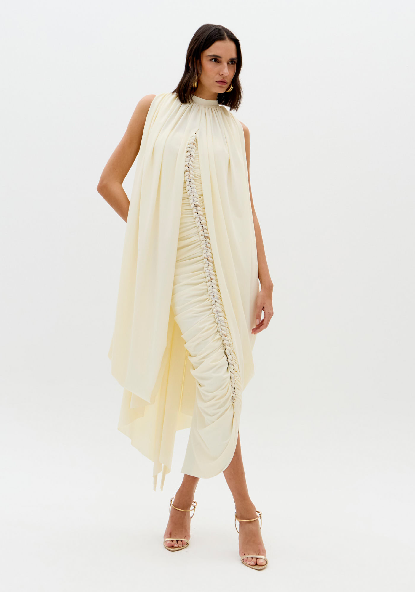 Vestido Super Midi Drapeado Frente Única