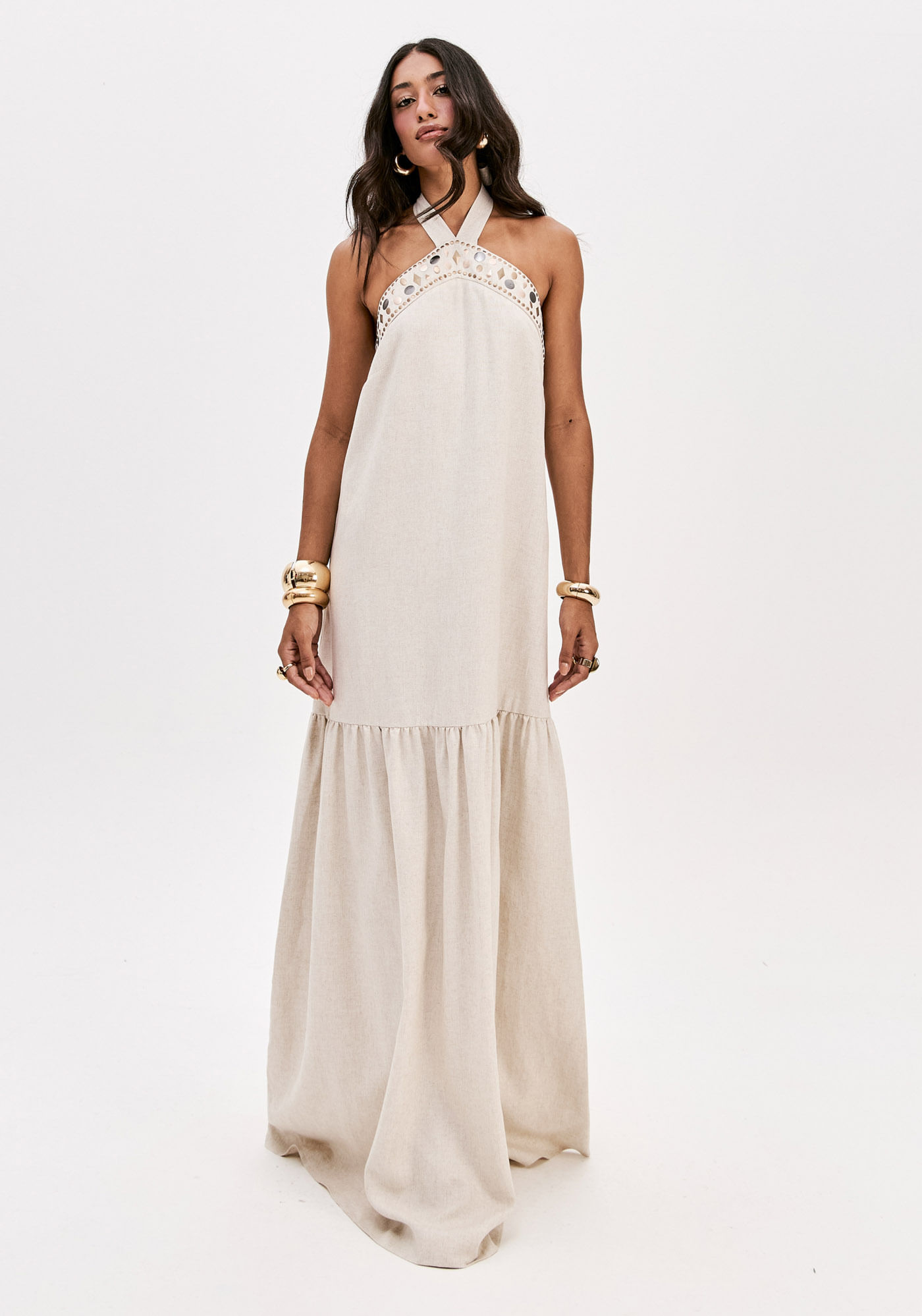 Vestido Longo Frente Única Com Linho