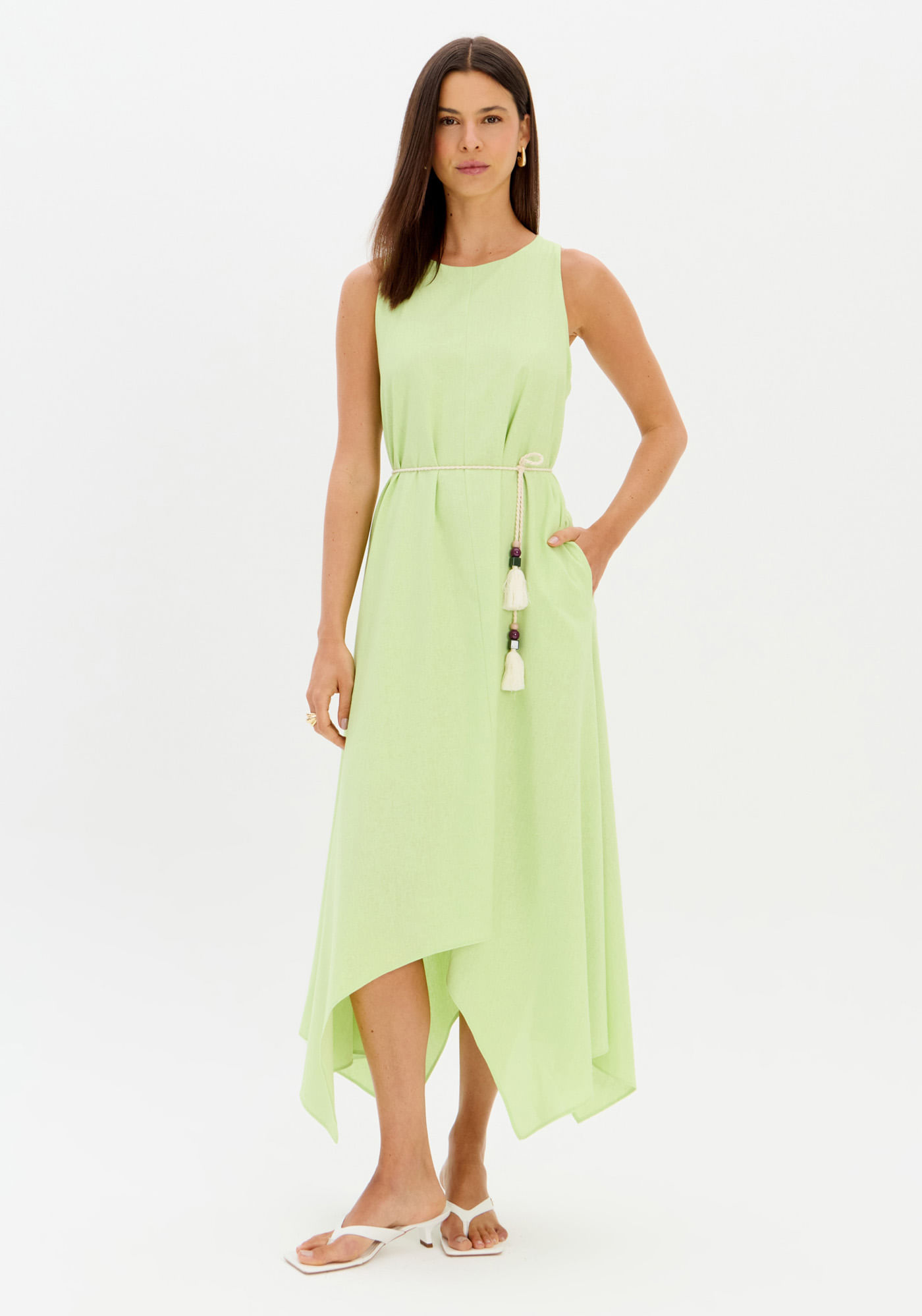 Vestido Super Midi Com Linho E Cinto