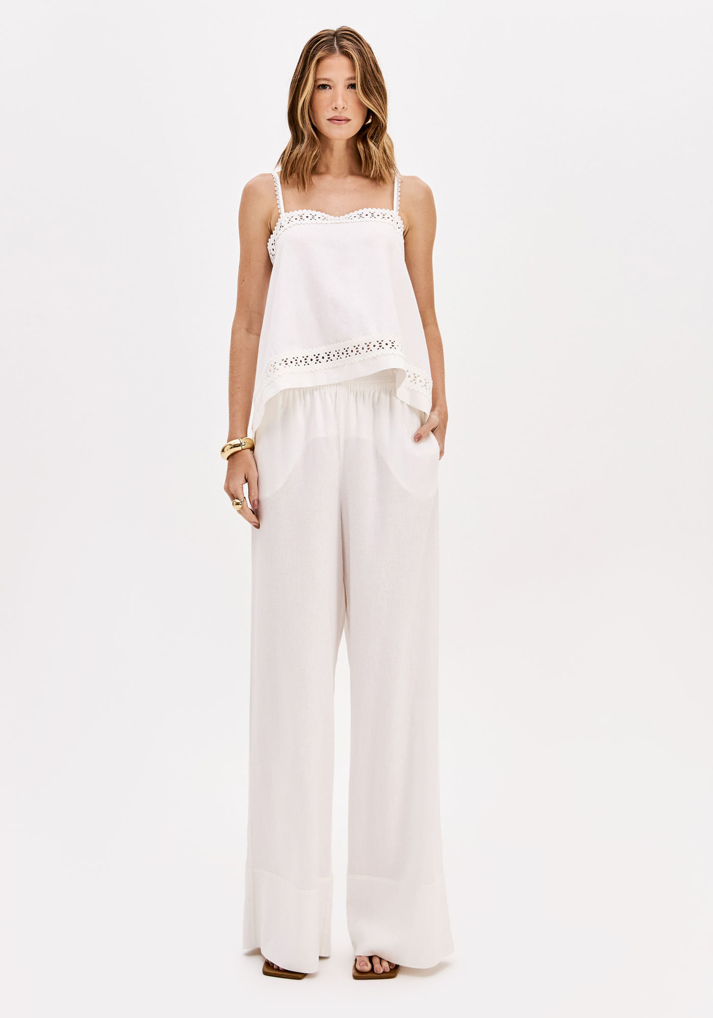 Calça Wide Leg Cintura Média Com Linho