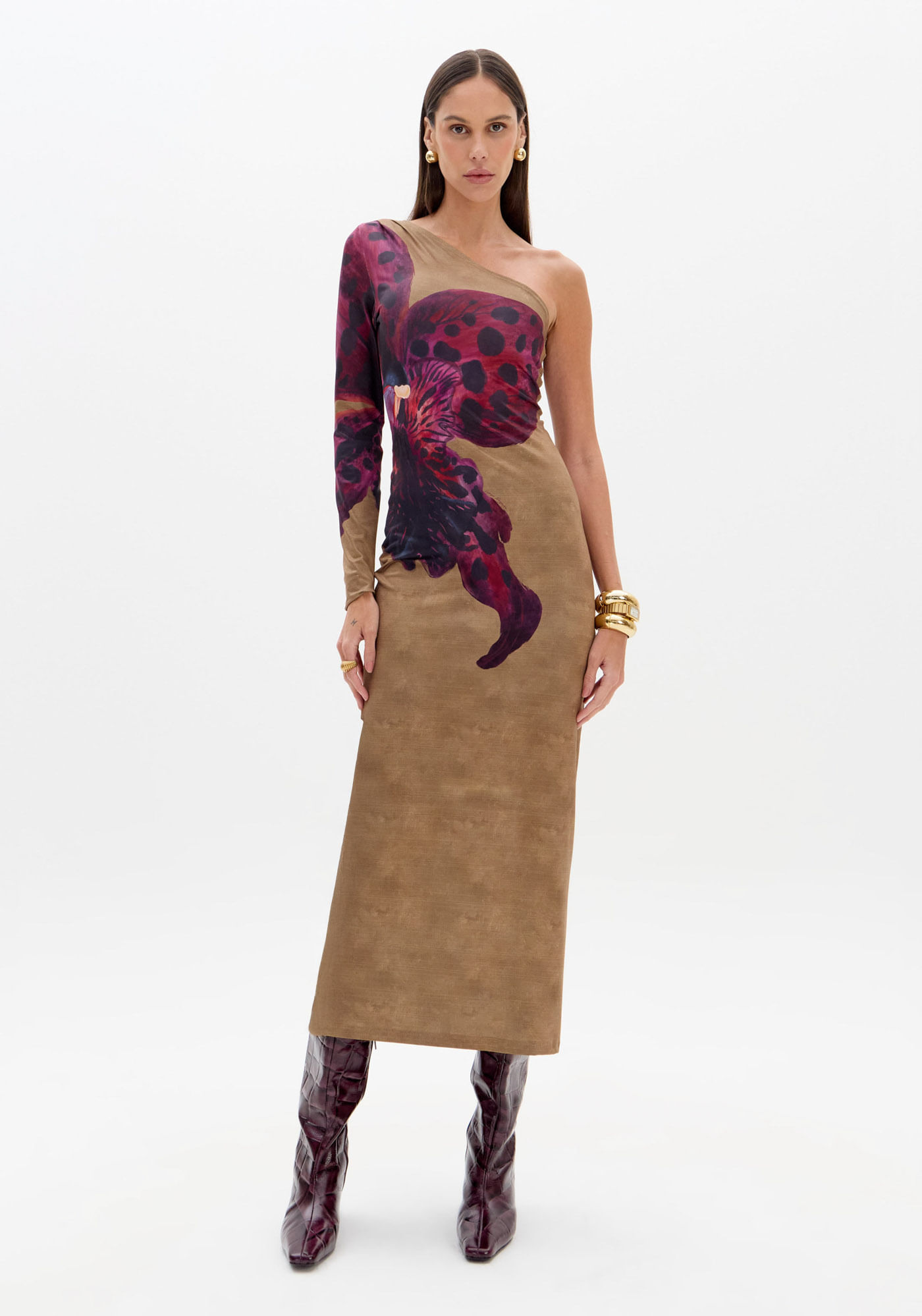 Vestido Super Midi Estampado Ombro Único