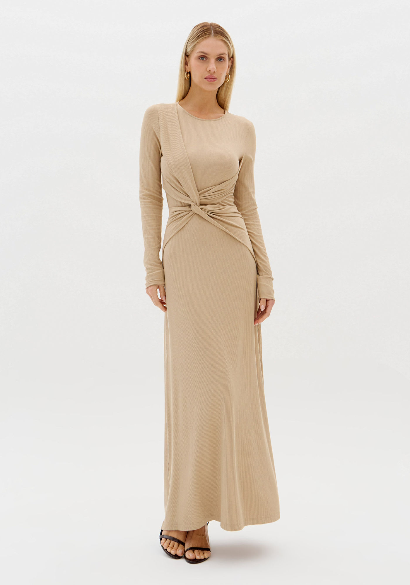 Vestido Canelado Manga Longa Com Torção