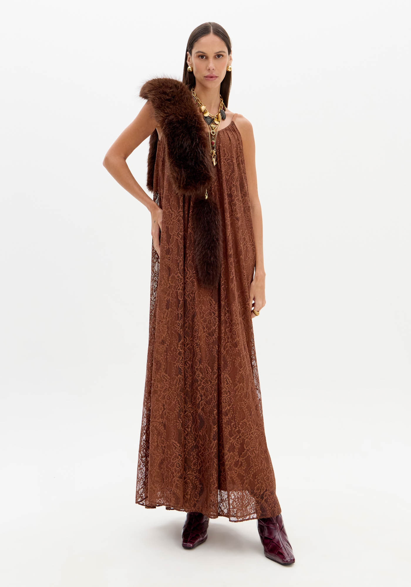 Vestido Longo De Alças Renda